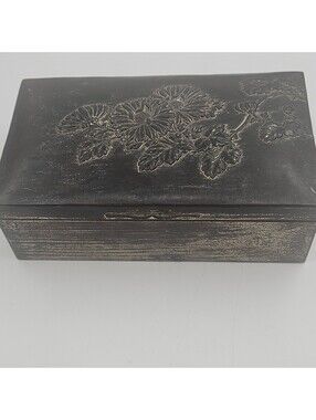Vintage Silver Tone Floral Repousse Trinket Box Pink Satin Lined Keepsake Box